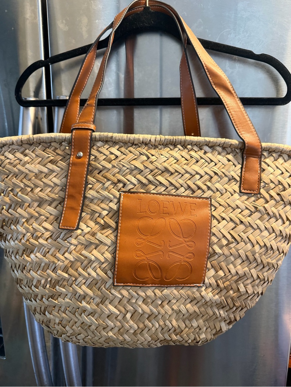 Woven Straw Tote with Tan Leather Handles - Picture 2 of 5